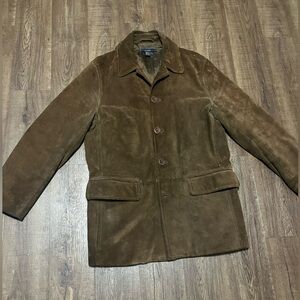 J Crew | Men’s Small|  Brown Suede Leather Coat | Missing Very Bottom Button